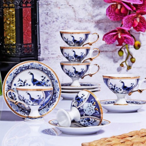 Picture of Peacock Porcelain Turkish Coffee Set Leg - Blue