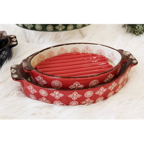 Picture of Cemile Retro Porcelain Eliptical Ovenware Set of 2 with Trivet - Red