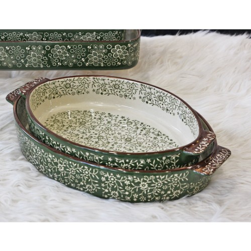 Picture of Cemile Retro Porcelain Eliptical Ovenware Set of 2 - Green