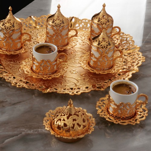 Ottoman Lale 6 Lı Kahve Fincan Takımı Tepsili - Altın