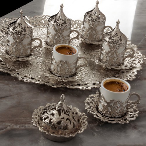 Picture of Ottoman Tulip Porcelain Turkish Coffee Set With Tray - Silver