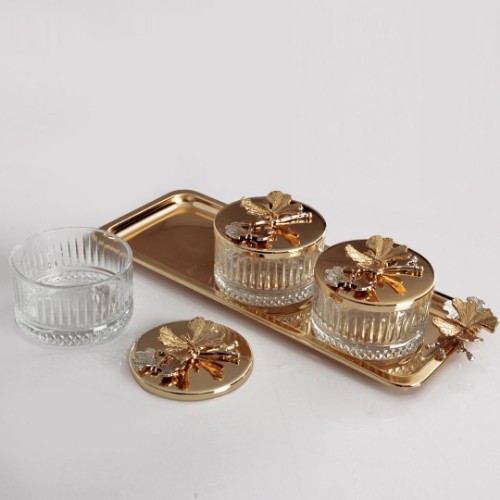 Picture of Butterfly Motif Serving Bowl Set of 3 With Tray - Gold