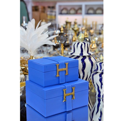 Resim Hermes Dekoratif Deri Kutu 2 Li Düz Küçük Boy - Mavi