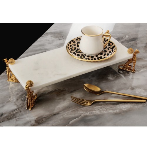 Picture of Jaguar White Marble Serving Plate Rectangle Small Size - Gold