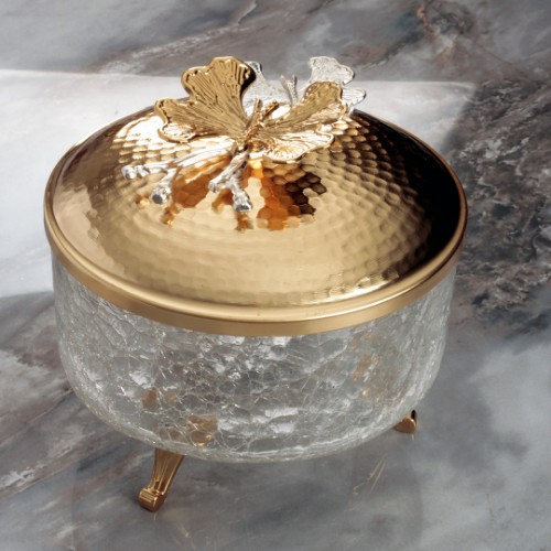 Picture of Butterfly Cracked Glass Serving Bowl 3 Footed with Lid