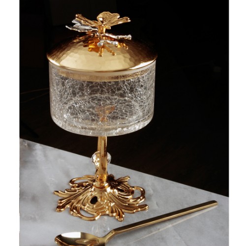 Picture of Butterfly Cracked Glass Bowl Crystal Leg with Lid 