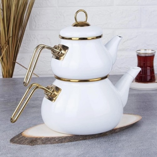 Picture of Qualita Rolypoly Enamel Teapot Set - White