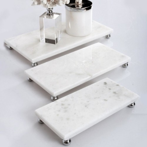 Quarry White Marble Serving Tray Set of 3 - Silver 