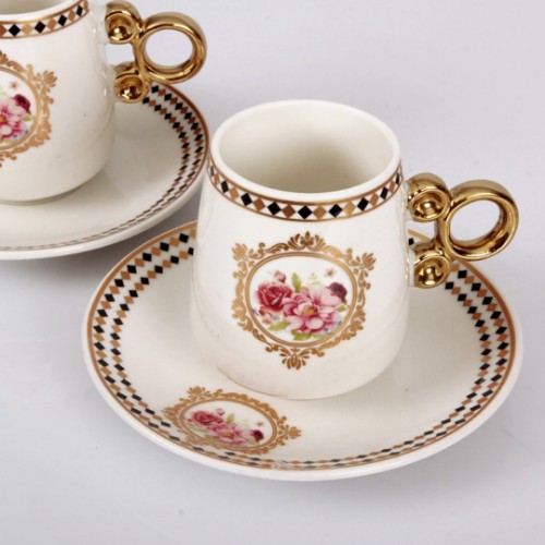 Picture of Ethnic Porcelain Turkish Coffee Set of 6 - White Rose 