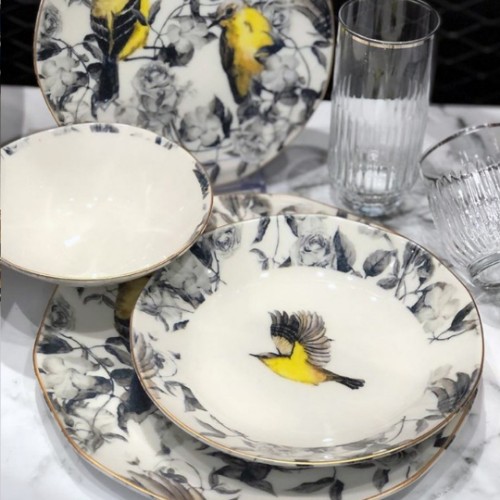 Picture of Yellow Bird Bone Porcelain 24 Pieces Dinnerware Set 
